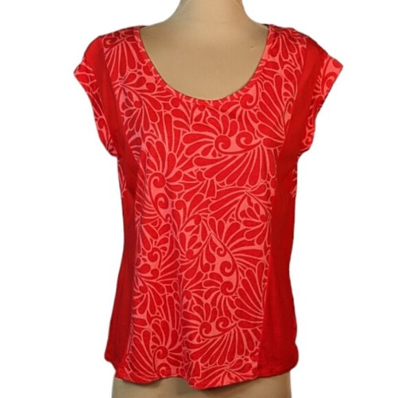 LIZ CLAIBORNE Scoop Neck Cap Sleeve T-Shirt Red and Orange Pattern Size Large - Picture 9 of 10